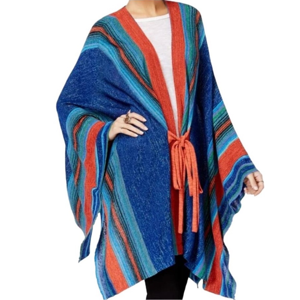 Free People Womens Multi Striped Metalic Tie Front Poncho Cardigan blue orange